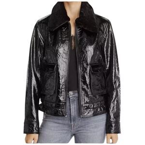 7 FOR ALL MANKIND Jacket XS Black Leather Real Fur Collar Shiny Zip‎ Moto Luxury
